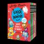 "School of Monsters," 12 Bücher, bunte Monsterillustrationen auf einer roten Box, fröhliche und verspielte Darstellung., Buch