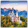 Text: "2027 CALENDAR", "CASTLES". Eine große, alte Burg auf einem grünen Hügel, umgeben von Wald und blauem Himmel.