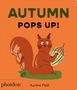 „AUTUMN POPS UP!“, darunter ein illustriertes Eichhörnchen mit Kürbis, orange Hintergrund., Buch