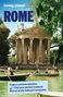 Titel: "ROME". Ruinen eines griechischen Tempels umrahmt von Bäumen; Boote auf grünem Wasser.