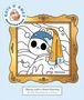 „Bunny with a Pearl Earring“: Illustration eines Hasen mit blauem Tuch und Ohrschmuck, in einem goldenen Rahmen.