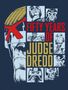 "Fifty Years of Judge Dredd". Illustration mit Comic-Panels eines Mannes in futuristischer Uniform und Helm., Buch