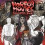 "Horror Movies Colouring Book" steht in blutroter Schrift. Illustrationen von klassischen Horrorgestalten umgeben eine Vampirin.