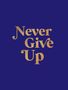 Text: "Never Give Up". Goldene Schrift vor dunkelblauem Hintergrund.