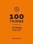 "100 Things to Bring You Joy" steht auf orangem Hintergrund. Oben eine stilisierte Blume, unten steht "Rowan Bailey".