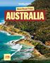 "Best Road Trips AUSTRALIA. 63 EASY ESCAPES ON THE OPEN ROAD." Küstenstraße, Meer und bewaldete Hügel, kleine Koala-Illustration.