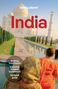 "India" in großen roten Buchstaben, Text: "Booking train tickets, Exploring Kerala's backwaters, Taj Mahal guide." Im Hintergrund der Taj Mahal, zwei Frauen in Saris., Buch