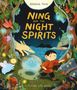 Text: "Adriena Fong - Ning and the Night Spirits - Flying Eye Books." Illustration: Kind mit magischen Kreaturen im Wald., Buch