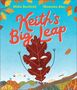 Text: "Keith's Big Leap" von Mike Barfield, Momoko Abe. Illustration: Ein fröhliches Herbstblatt mit Gesicht, umgeben von bunten Blättern.