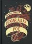 "Complete Works of Edgar Allan Poe" steht auf Bändern um ein anatomisches Herz mit Rabe und Mond.
