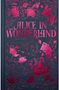 "Alice in Wonderland" von Lewis Carroll. Rotes, dekoratives Design mit Uhr, Teekanne, Karten und Schlüssel., Buch