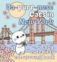 "Ja-purr-nese Cats in New York" und "a cozy, cute kitty col-urrring book." Illustration einer Katze mit Kamera vor einer Brücke.