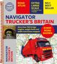 „NAVIGATOR TRUCKER'S BRITAIN,“ „EVERY ROAD SHOWN.“ Roter Lastwagen über einer Landkarte, Foto eines Tunnels.