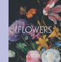 "FLOWERS" und "THE NATIONAL GALLERY" stehen auf einem floralen Gemälde mit bunten Blumen und einem Schmetterling., Buch
