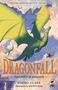 "DRAGONFALL: THE FATE OF DRAGONS." Ein grüner Drache fliegt majestätisch am Himmel.