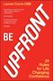 Texte: „Lauren Currie OBE“, „BE UPFRONT“, „24 Rules for Life Changing Confidence.“ Roter Hintergrund, weiße Schrift., Buch