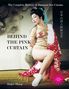 "Behind the Pink Curtain" zeigt eine gebundene Frau in einem Kimono, traditionelle Pose, stilisiert und farbenfroh.