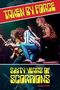 "TAKEN BY FORCE" oben und "SIXTY YEARS OF SCORPIONS" unten. Darunter drei Musiker in auffälliger Kleidung auf einer Bühne., Buch