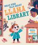 "LLAMA LIBRARY" in bunten Buchstaben. Ein Kind hält eine Karte, daneben eine Frau an einem Schalter mit Lamas im Hintergrund.