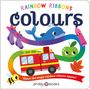 "RAINBOW RIBBONS Colours" oben, "Watch the magic rainbow ribbons appear!" unten. Illustration mit Wal, Feuerwehrauto und Apfel.