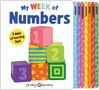 "My WEEK of Numbers", "7 days of learning fun!". Bunte Blöcke mit Zahlen. Sieben bunte Seiten mit Wochentagen.