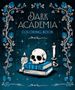 "DARK ACADEMIA COLORING BOOK" in gotischer Schrift, mit Totenkopf, Büchern, Kerzen und blauen Rosen gerahmt.