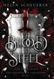 „Blood & Steel“, darunter „An Epic Romantic Fantasy“, „The Legends of Thezmarr Book 1“. Schwert mit dunkelrotem Griff.