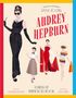 "Style Icons: Audrey Hepburn" in großer Schrift. Illustration verschiedener Mode-Outfits von Audrey Hepburn., Buch