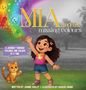 „MIA and the missing colours“ steht in großen Buchstaben. Ein fröhliches Mädchen und eine Katze, umgeben von bunten Figuren., Buch