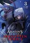 „Assassin's Creed: Forgotten Temple“, Illustration eines entschlossenen Mannes mit Kapuze in dynamischer Pose., Buch