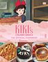 „Kiki's Delivery Service: The Official Cookbook“ in rosa Schrift. Mädchen mit roter Schleife trägt Brot. Drei Gerichte unten., Buch