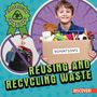 Text: "Donations", "Reusing and Recycling Waste", "Conservation Champions", "Discover!". Junge hält Kiste mit Spielsachen., Buch