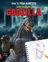 Text: "How to Draw Monsters: How to Draw Godzilla". Illustration von Godzilla vor einer Stadt, rechts einfache Zeichnung., Buch