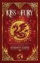 „KISS OF FURY“, „THE DRAGONFIRE NOVELS“, „DEBORAH COOKE“. Goldener Drache auf rotem Hintergrund, keltische Muster.