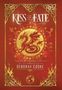 "Kiss of Fate", reich verzierte Drachen-Illustration in Gold und Rot, umgeben von keltischen Mustern.