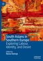 „South Asians in Southern Europe: Exploring Labour, Identity, and Desire“, bearbeitet von Reena Kukreja. Abstraktes Gemälde in Rot- und Orangetönen., Buch