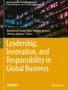 Titel: "Leadership, Innovation, and Responsibility in Global Business". Beige Hintergrund, modernes Gebäude oben., Buch