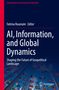 Der Titel lautet: "AI, Information, and Global Dynamics". Unten weht eine Vielzahl internationaler Flaggen in den Himmel., Buch