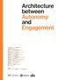 Titel: "Architecture between Autonomy and Engagement." Autorenliste in Orange und Schwarz. Drei Logos unten., Buch