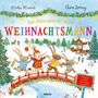 Text: "We're going to Santa's Workshop." Illustration von fröhlichen Hasen im Schnee, die auf einer Brücke tanzen., Buch