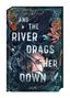 Text: „JIHYUN YUN AND THE RIVER DRAGS HER DOWN ROMAN ARCTIS“. Illustration: Gesicht mit dunklen Haaren und Blumen.