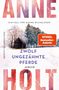 "Zwölf ungezähmte Pferde" von Anne Holt. Winterliche Landschaft mit einer Holzhütte und schneebedeckten Bäumen., Buch