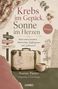 "Krebs im Gepäck, Sonne im Herzen. Autobiografie von Noëmi Panier. Vintage-Gepäck und Tasse mit Herzsymbol."