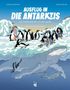 Text: "AUSFLUG IN DIE ANTARKTIS. Der Eiskontinent, der vor Leben sprüht." Illustration: Menschen, Pinguine, Wale., Buch