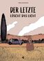 "Der letzte löscht das Licht" von Tobias Aeschbacher. Illustration: Ein Feld, ein Auto, drei Personen, Zypresse im Hintergrund., Buch
