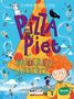Text: "CARRIE SELLON", "Pizza Piet", "Dreierlei Zauberei". Illustration: Kind mit orangefarbenem Haar, große Pizza, Hund, Krähe., Buch