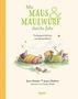 Titel: "Mit Maus & Maulwurf durchs Jahr". Zwei Tiere entspannen auf einer Wiese. Unten Autoren- und Übersetzerangaben., Buch