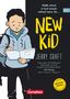 „Middle school is hard enough without being the NEW KID“ – Jerry Craft. Ein Junge schreibt in ein Notizbuch.