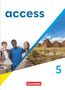 Text: "access 5", "Cornelsen". Drei lächelnde Jugendliche links, rechts eine Landschaft mit Hügeln und blauem Himmel.