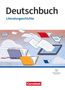 „Deutschbuch Literaturgeschichte“ oben, Logo „Cornelsen“ unten. Illustration: fliegende Bücher und Blätter., Buch